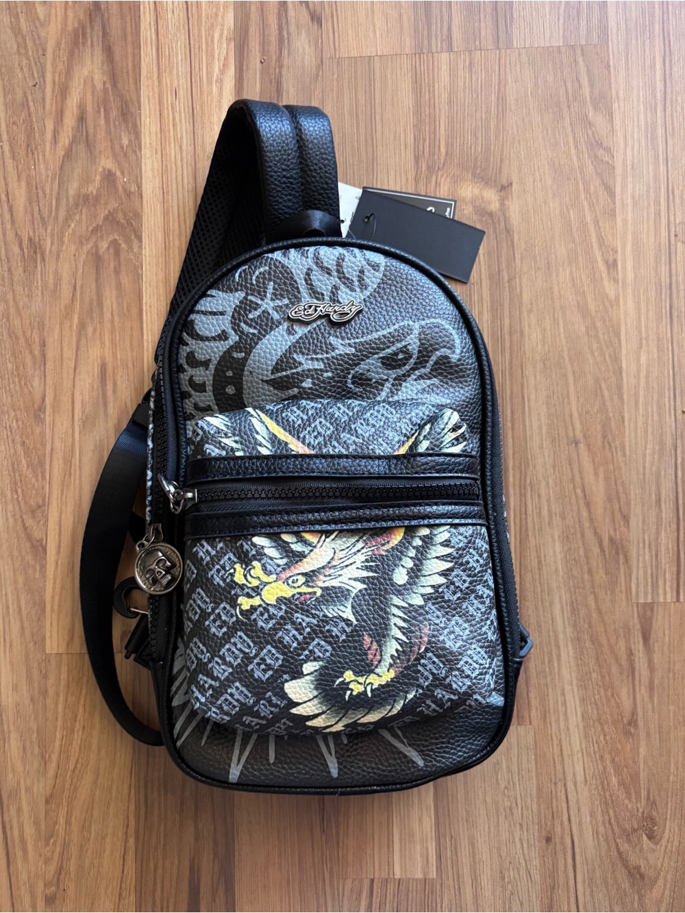 Ed Hardy Black Sling Bag with Yellow Accent Eagle Graphic